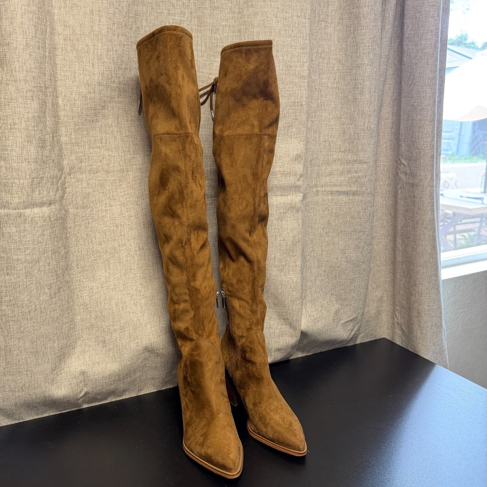 Marc Fisher Over the Knee Pointed Toe Boots Women 8M Brown Suede Side Zip Heeled - Picture 3 of 11